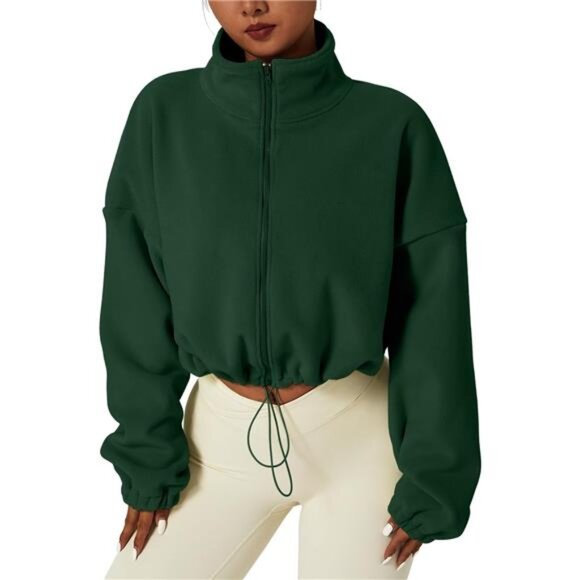 Women's Full Zip Fleece Short Jacket Warm Winter Army Green - Picture 1 of 5